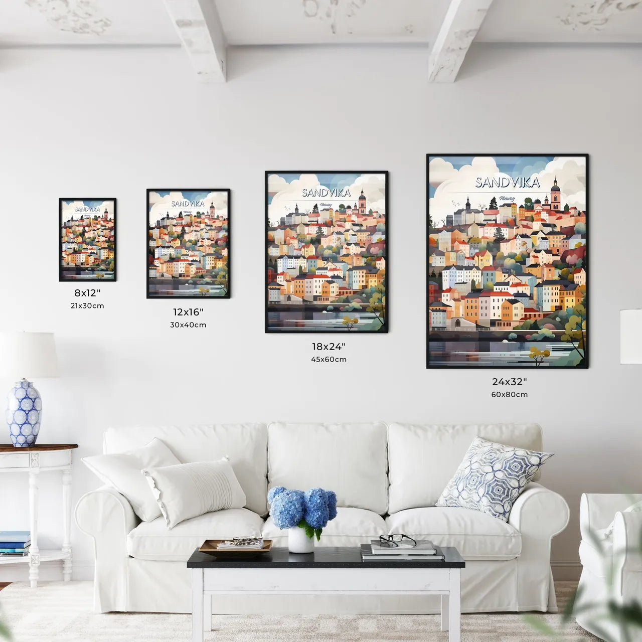 Sandvika, Norway - Art print of a colorful city landscape with trees and buildings Size Chart