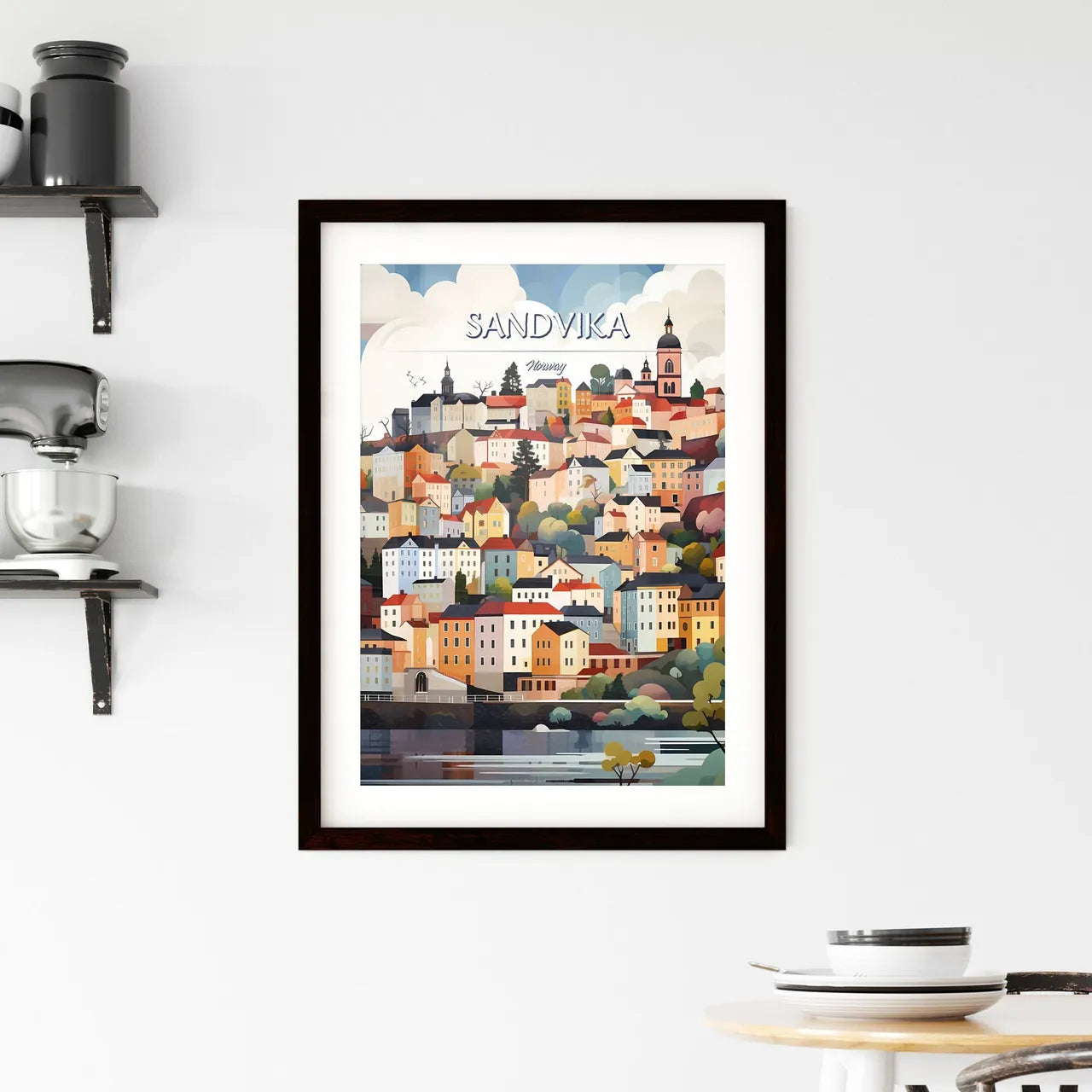 Sandvika, Norway - Art print of a colorful city landscape with trees and buildings Custom Print