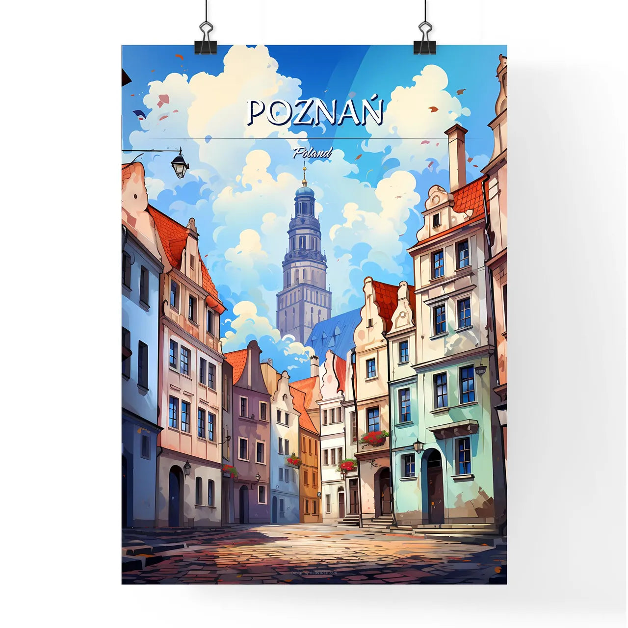 Poznań, Poland - Art print of a street with buildings and a tower Poster