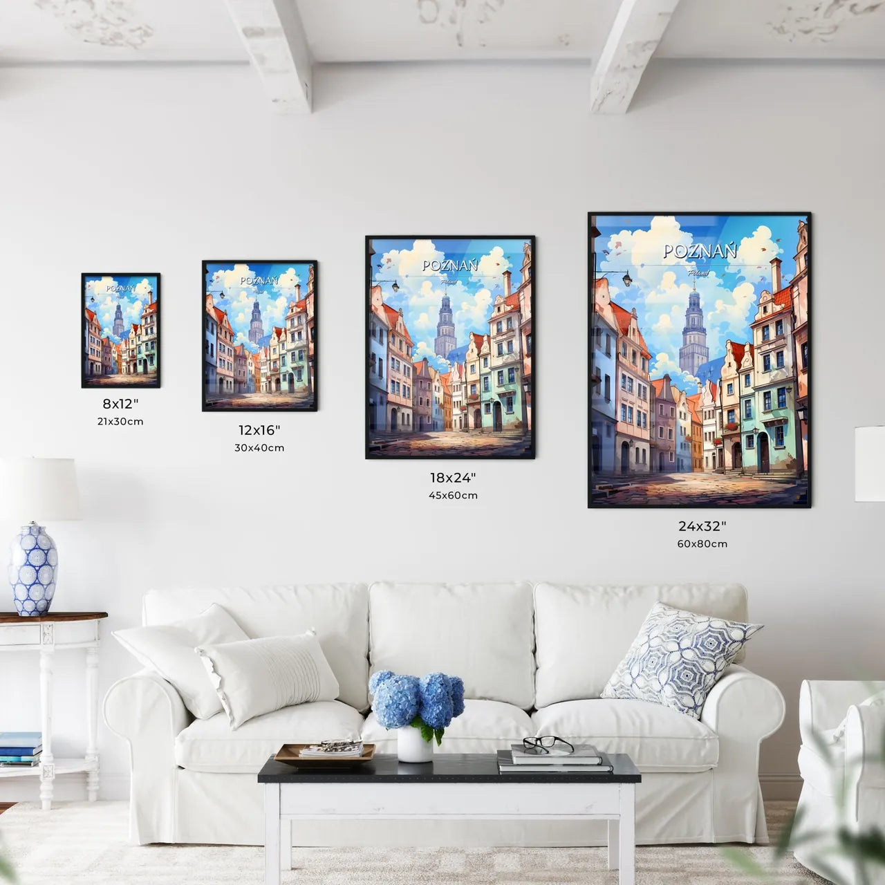 Poznań, Poland - Art print of a street with buildings and a tower Size Chart