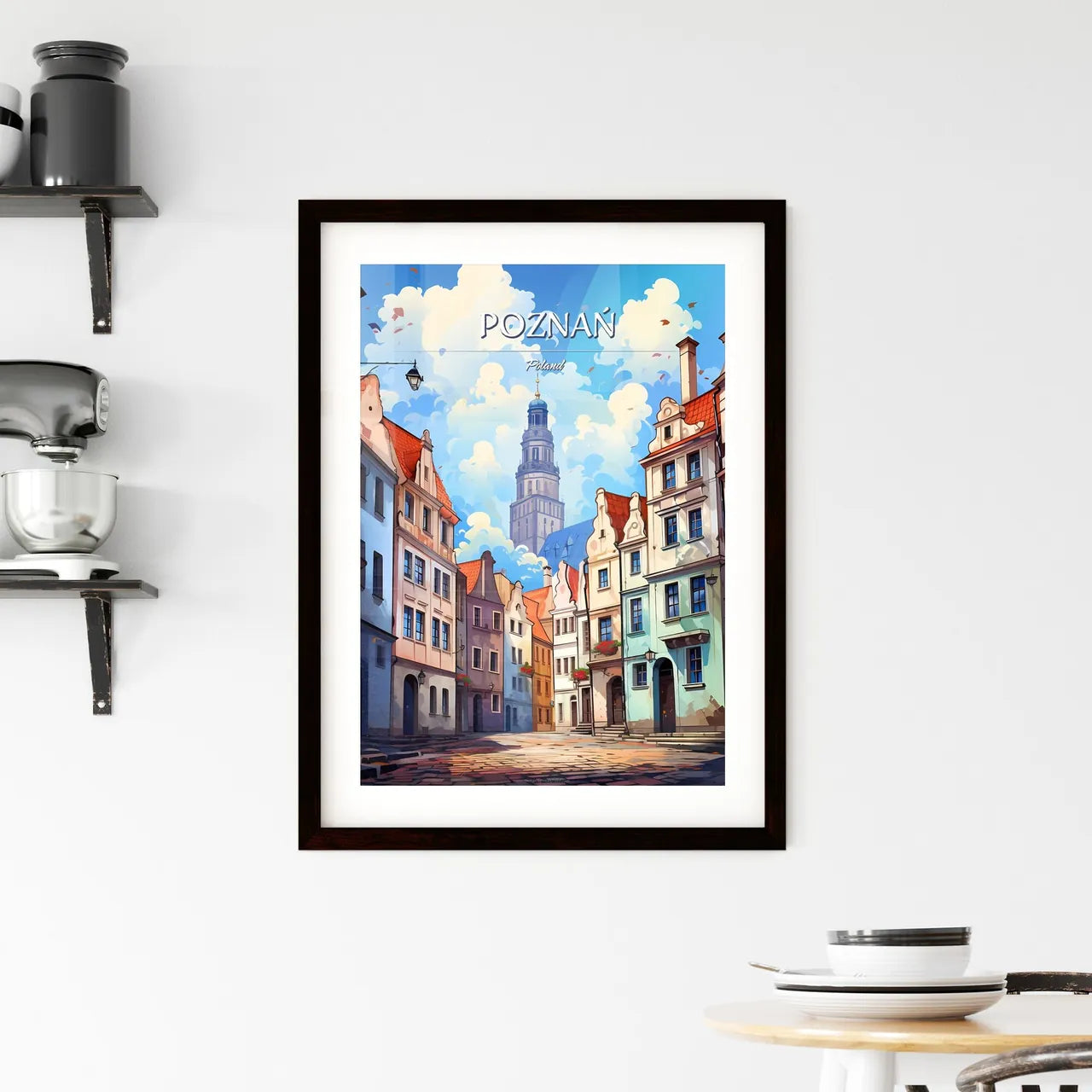 Poznań, Poland - Art print of a street with buildings and a tower Custom Print