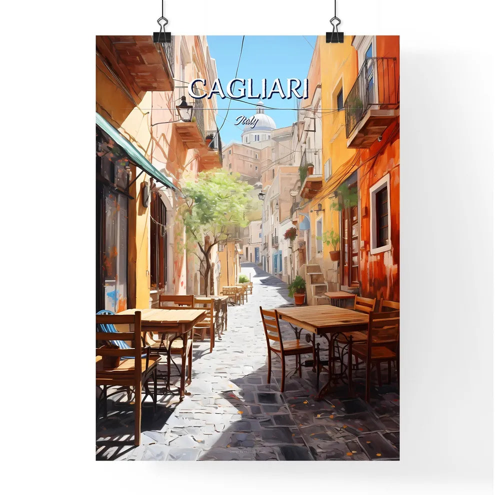 Cagliari, Italy - Art print of a street with tables and chairs Poster