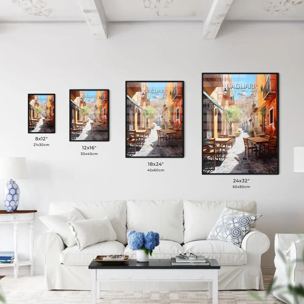 Cagliari, Italy - Art print of a street with tables and chairs Size Chart