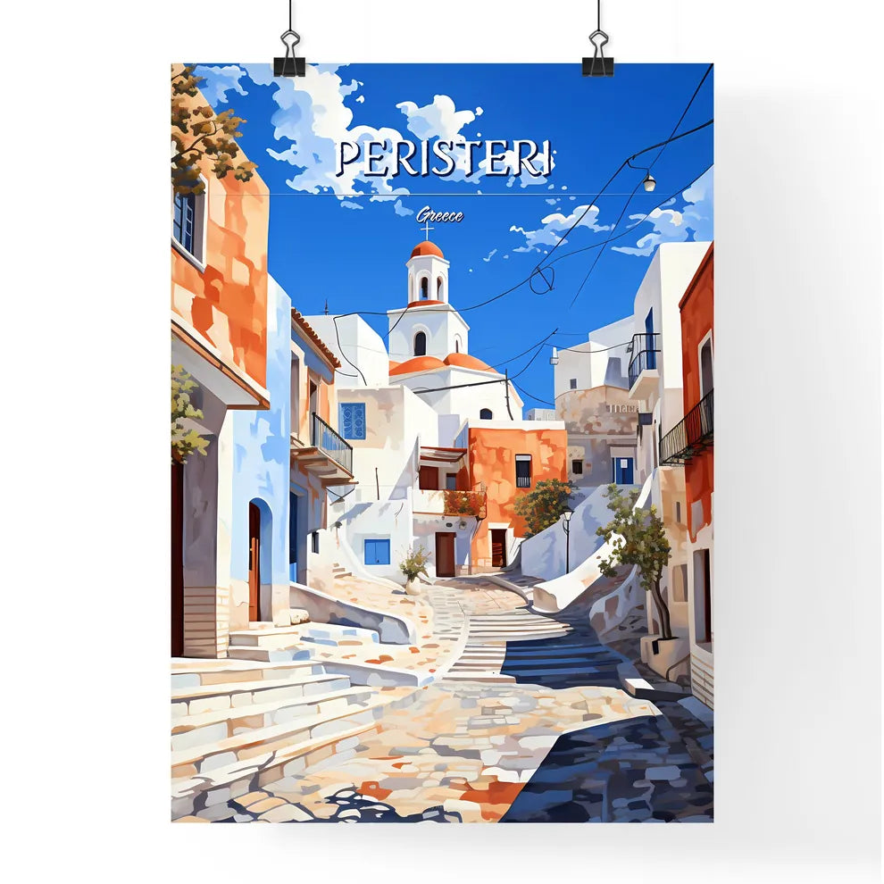 Peristeri, Greece - Art print of a street with stairs leading to a building Poster
