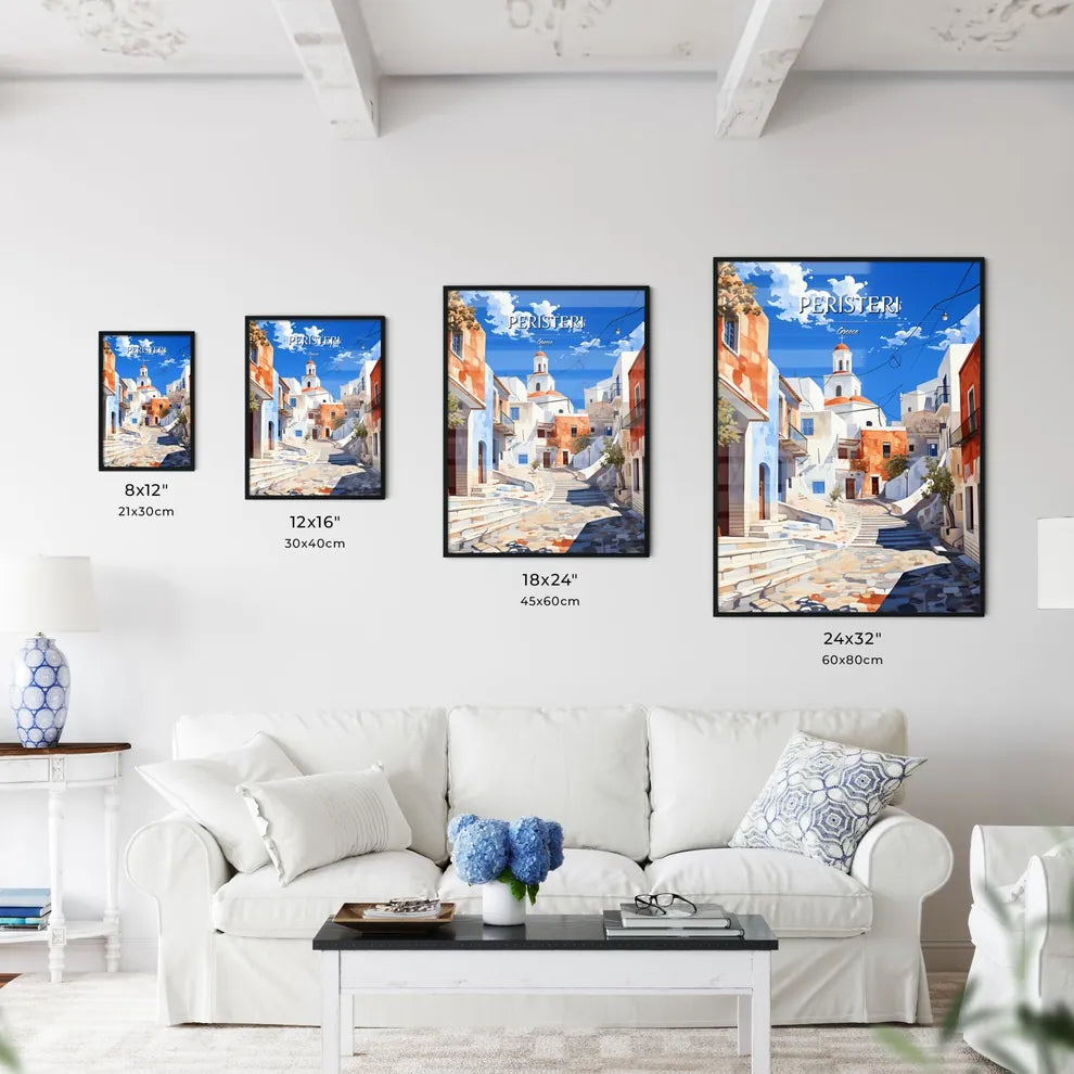 Peristeri, Greece - Art print of a street with stairs leading to a building Size Chart
