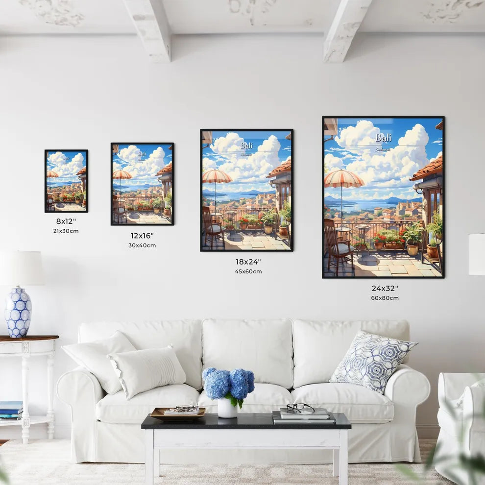 On the roofs of Bali, Indonesia - Art print of a balcony with a view of a town and a river Size Chart