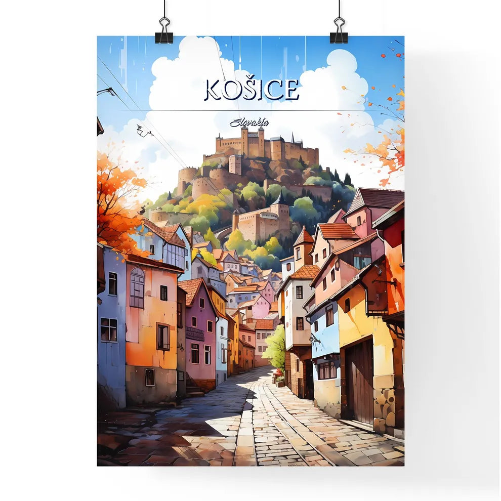 Košice, Slovakia - Art print of a street with buildings and a castle on top of it Poster