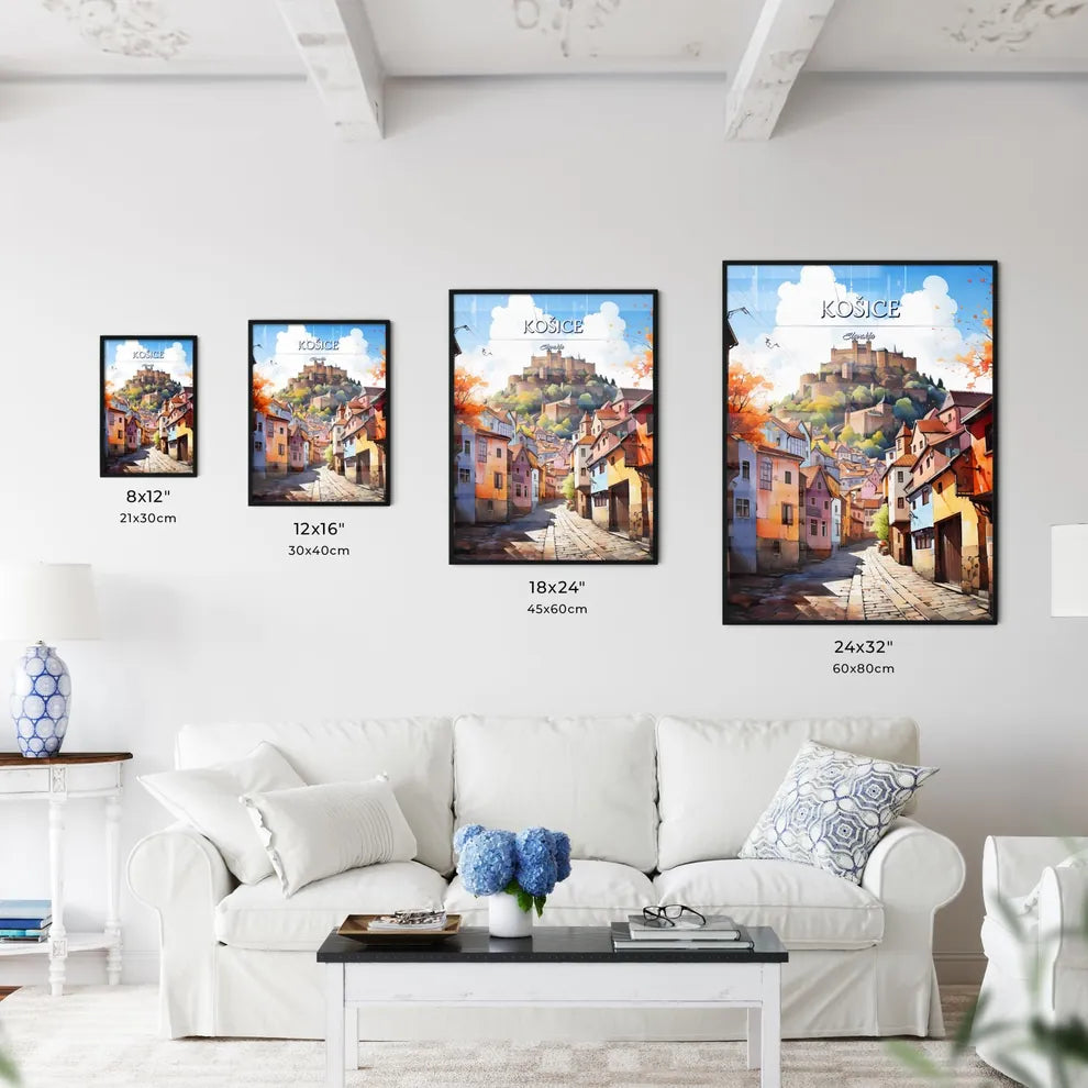 Košice, Slovakia - Art print of a street with buildings and a castle on top of it Size Chart