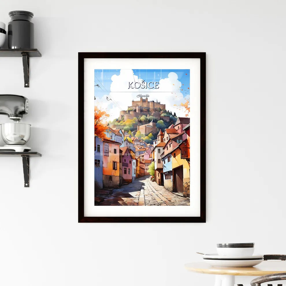 Košice, Slovakia - Art print of a street with buildings and a castle on top of it Custom Print