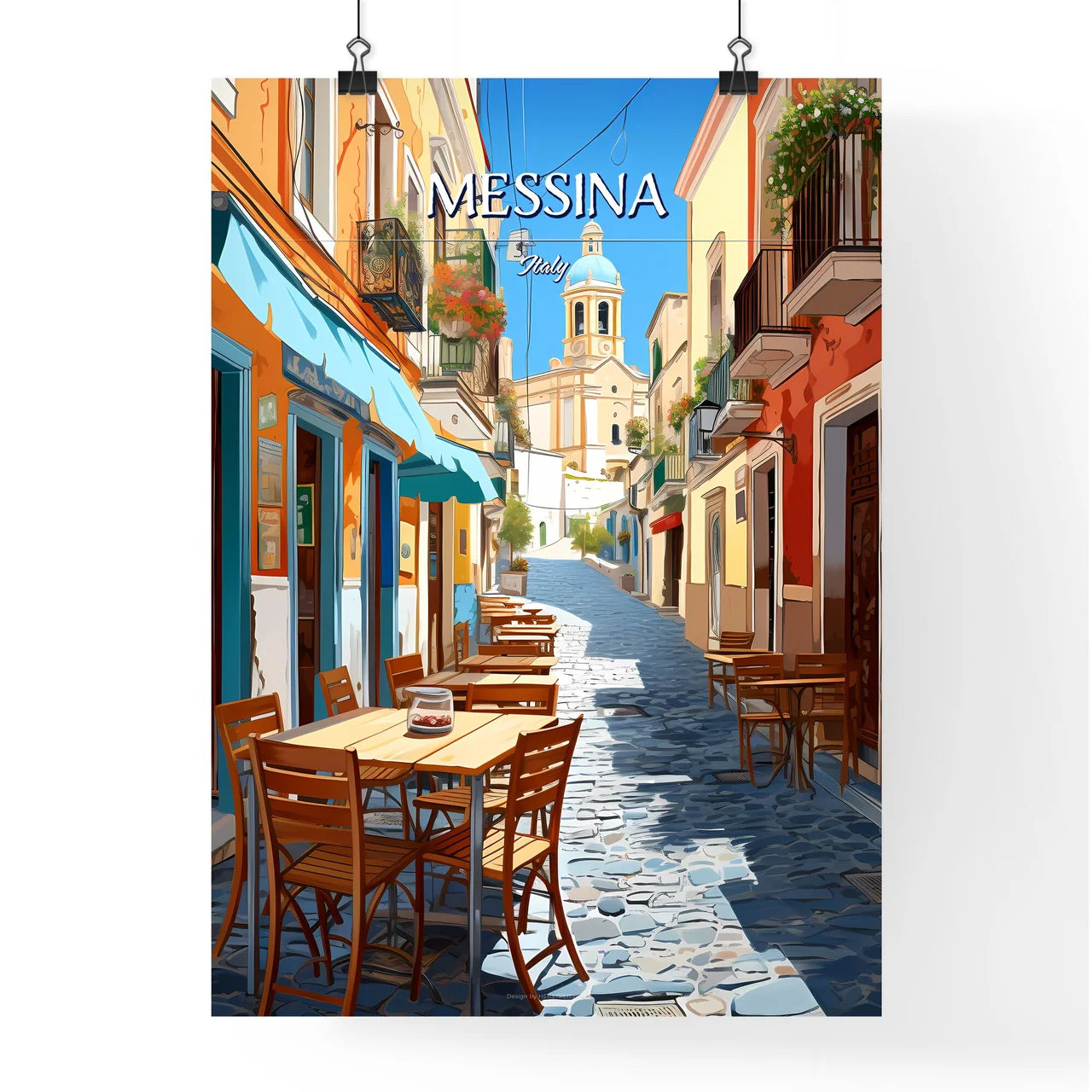 Messina, Italy - Art print of a street with tables and chairs Poster