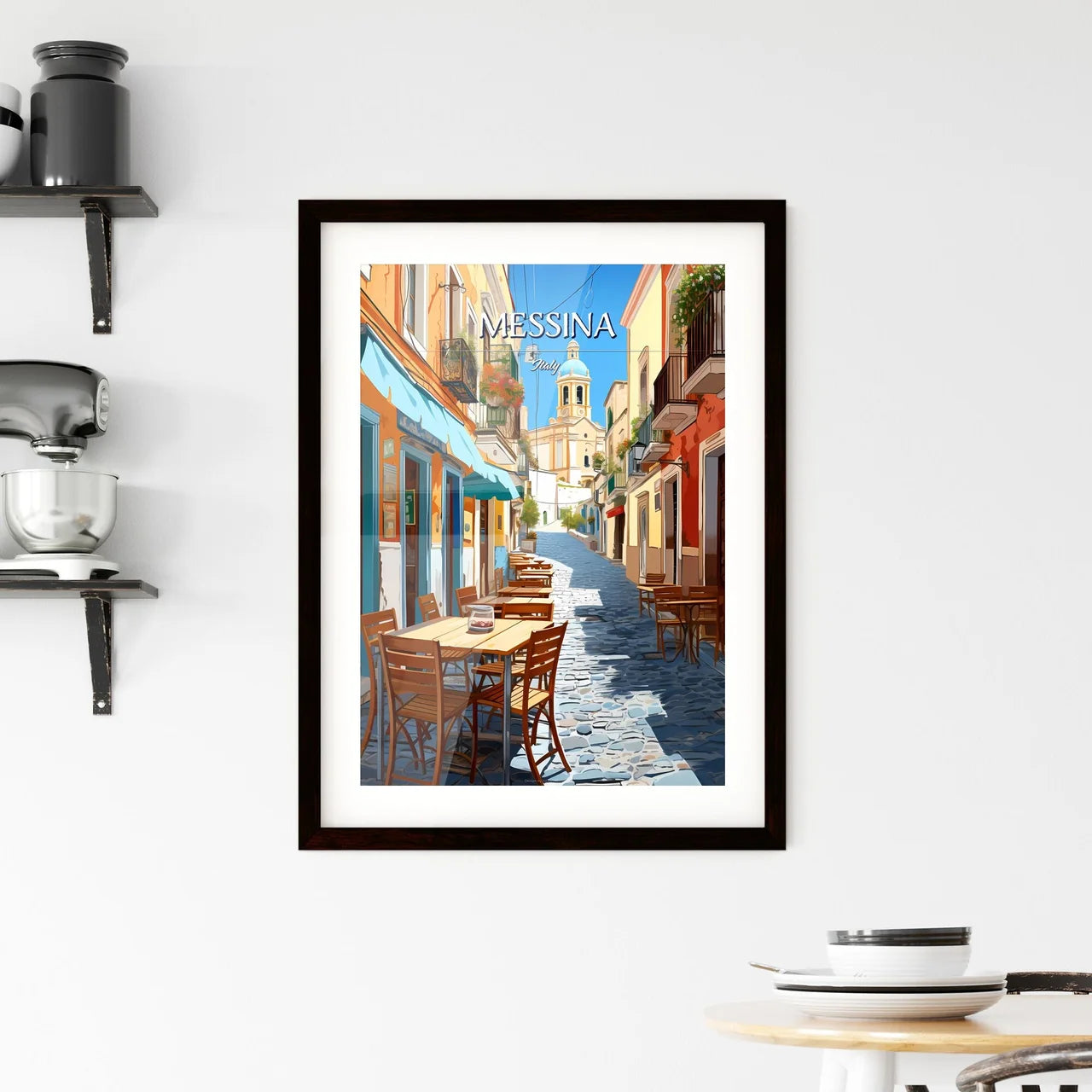 Messina, Italy - Art print of a street with tables and chairs Custom Print