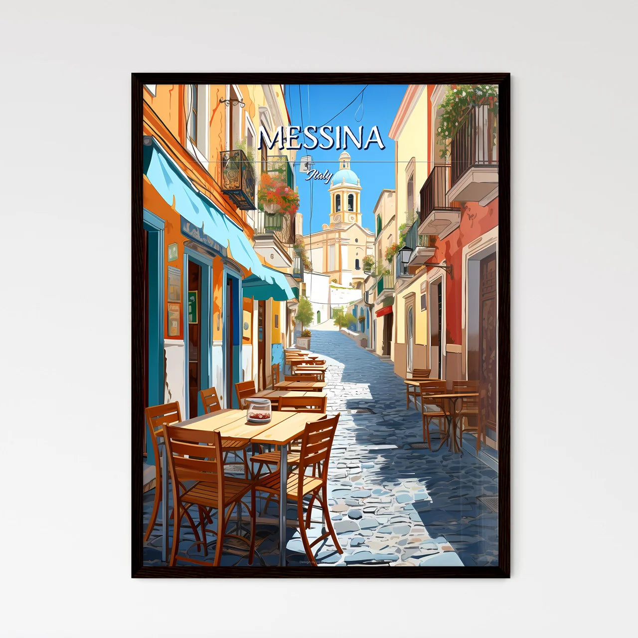 Messina, Italy - Art print of a street with tables and chairs Framed Art