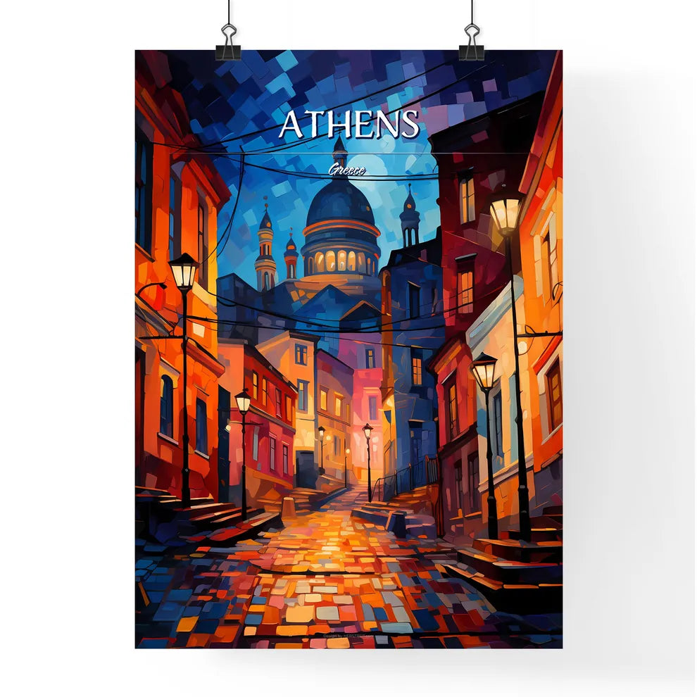 Athens, Greece - Art print of a street with buildings and a dome Poster