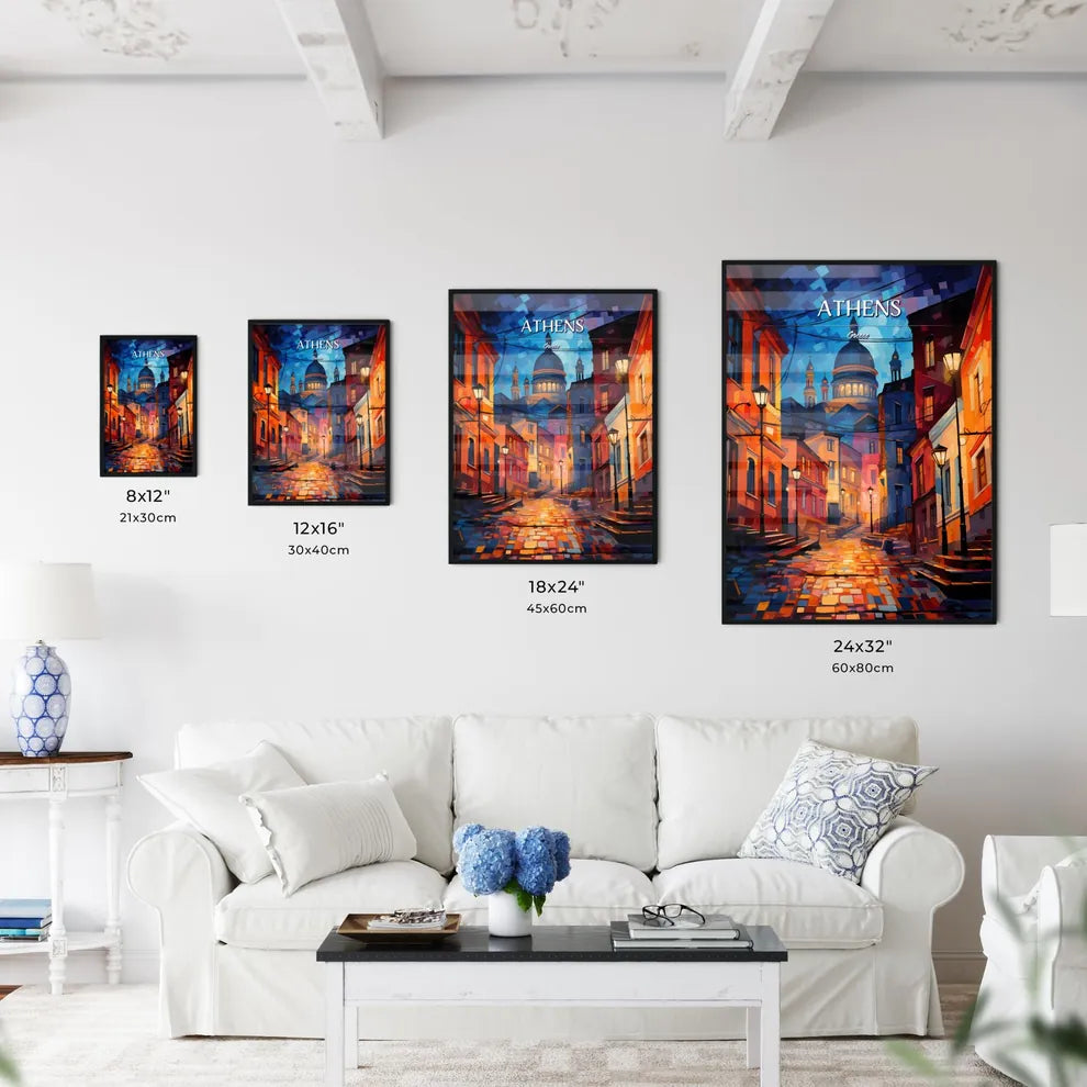 Athens, Greece - Art print of a street with buildings and a dome Size Chart