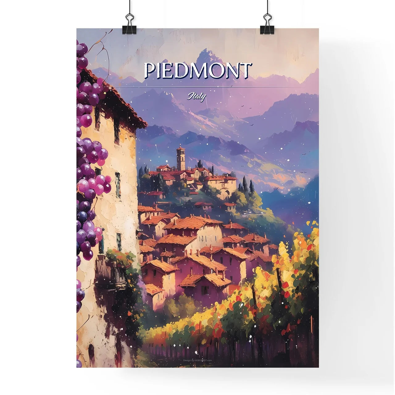 Piedmont, Italy - Art print of a painting of a town with grapes Poster
