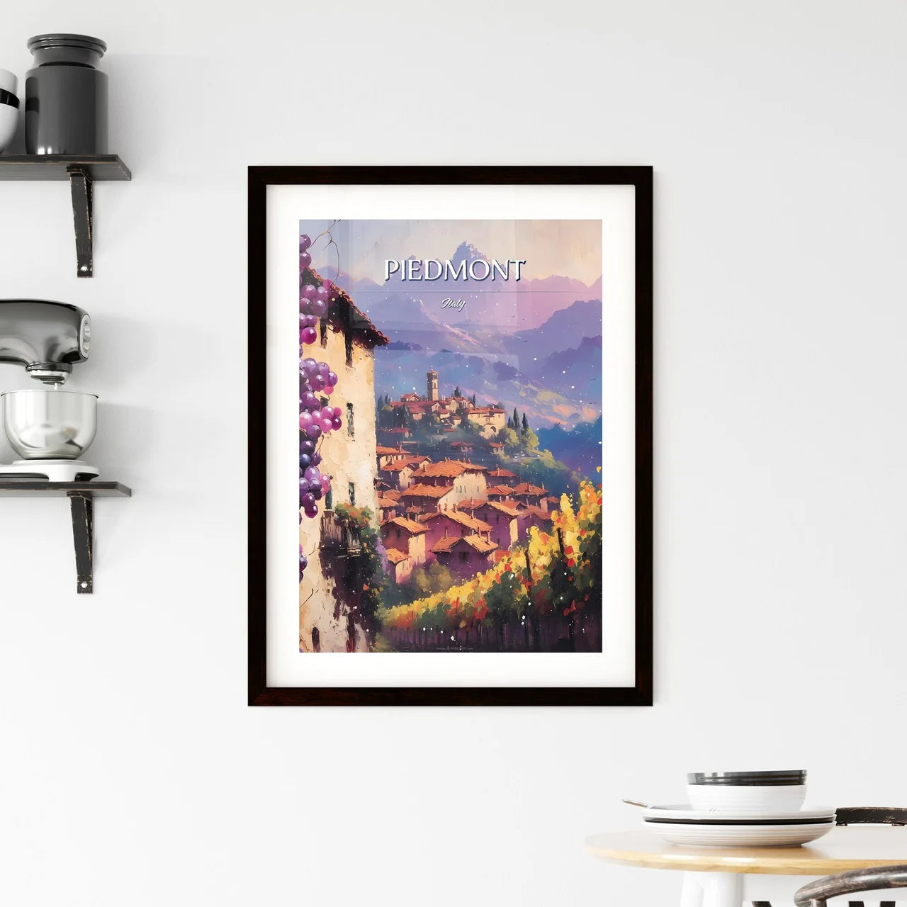 Piedmont, Italy - Art print of a painting of a town with grapes Custom Print