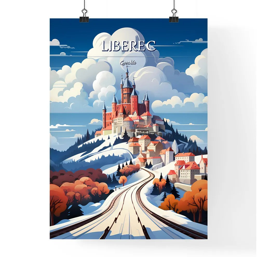 Liberec, Czechia - Art print of a castle on a hill with snow and trees Poster