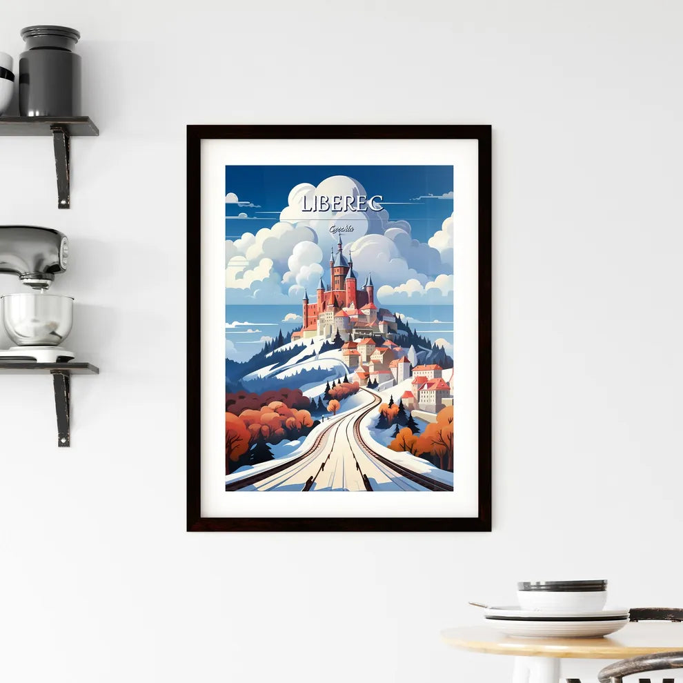Liberec, Czechia - Art print of a castle on a hill with snow and trees Custom Print