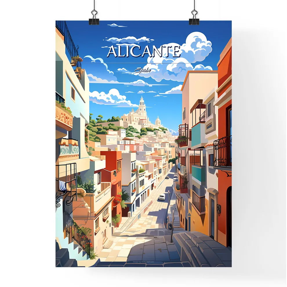 Alicante, Spain - Art print of a street with buildings and a church on the hill Poster