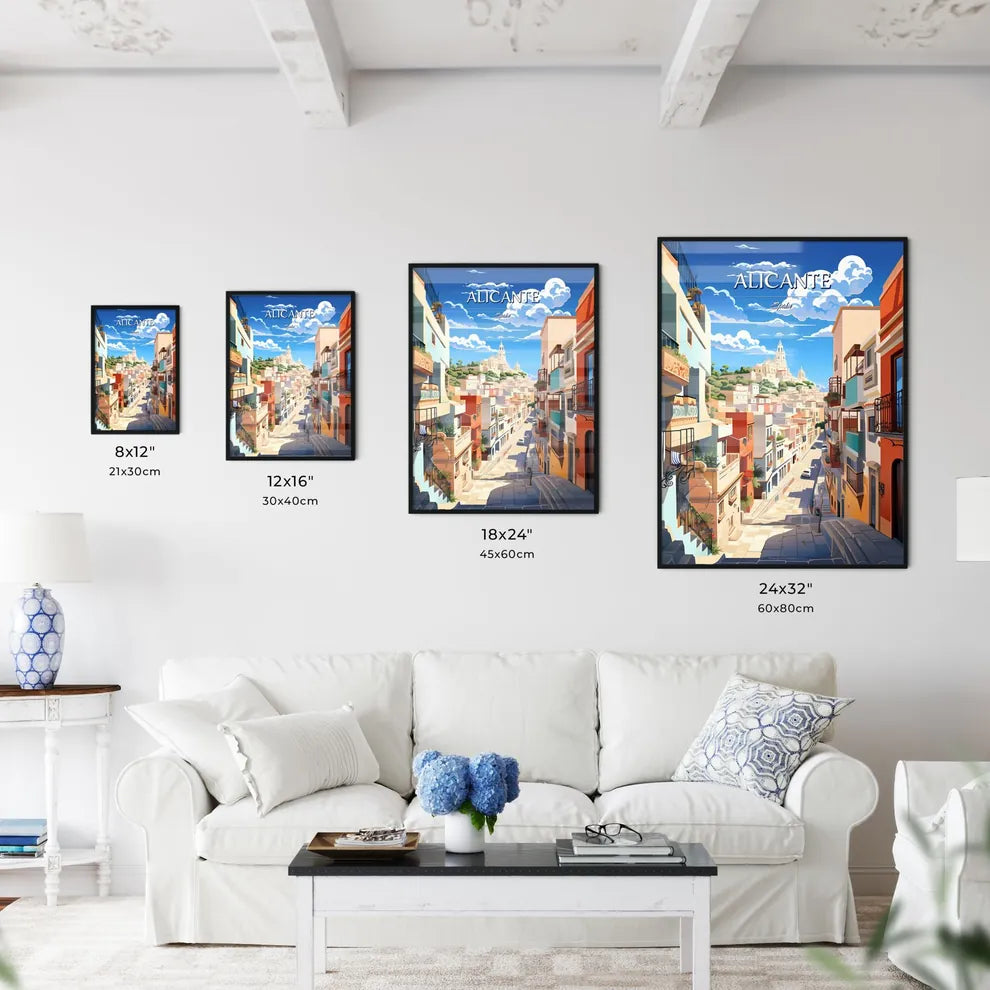 Alicante, Spain - Art print of a street with buildings and a church on the hill Size Chart