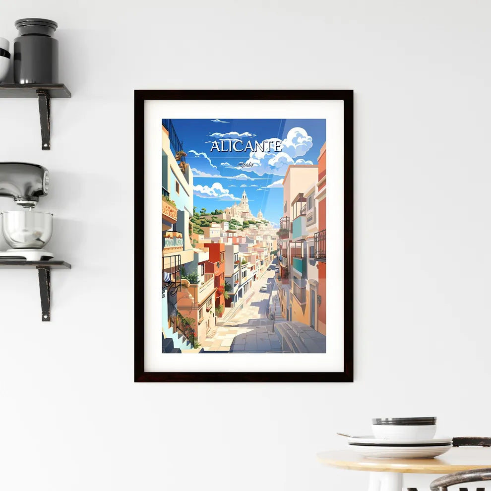 Alicante, Spain - Art print of a street with buildings and a church on the hill Custom Print