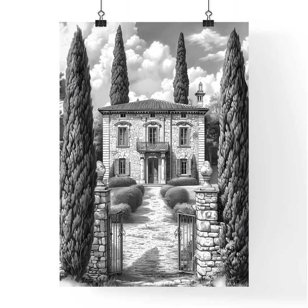 A French Chateau winery - Art print of a drawing of a house with trees and a gate Poster