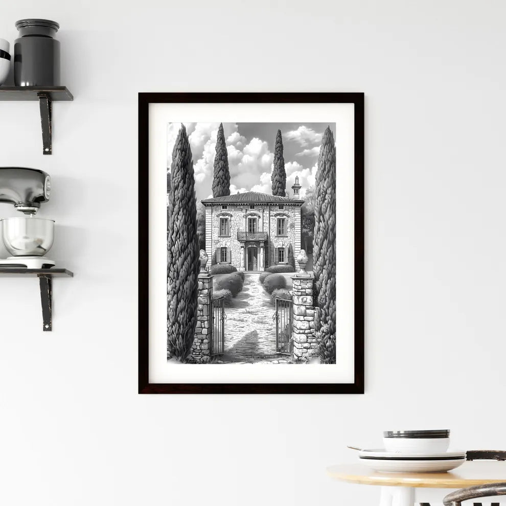 A French Chateau winery - Art print of a drawing of a house with trees and a gate Custom Print