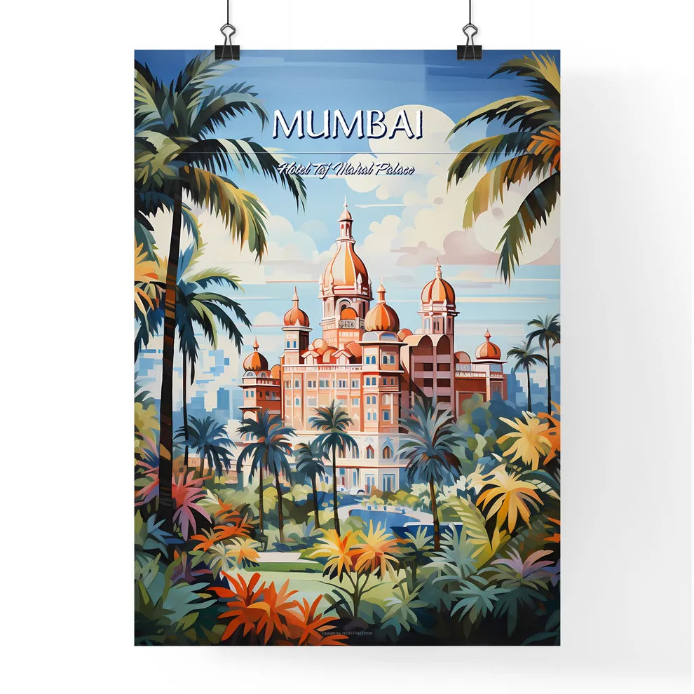 Mumbai, Hotel Taj Mahal Palace - Art print of a painting of a building with palm trees Poster