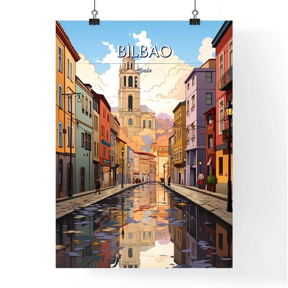 Bilbao, Spain - Art print of a water canal with buildings and a tower in the background Poster