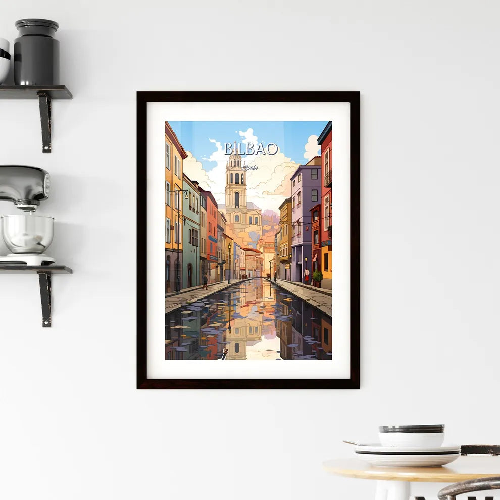 Bilbao, Spain - Art print of a water canal with buildings and a tower in the background Custom Print