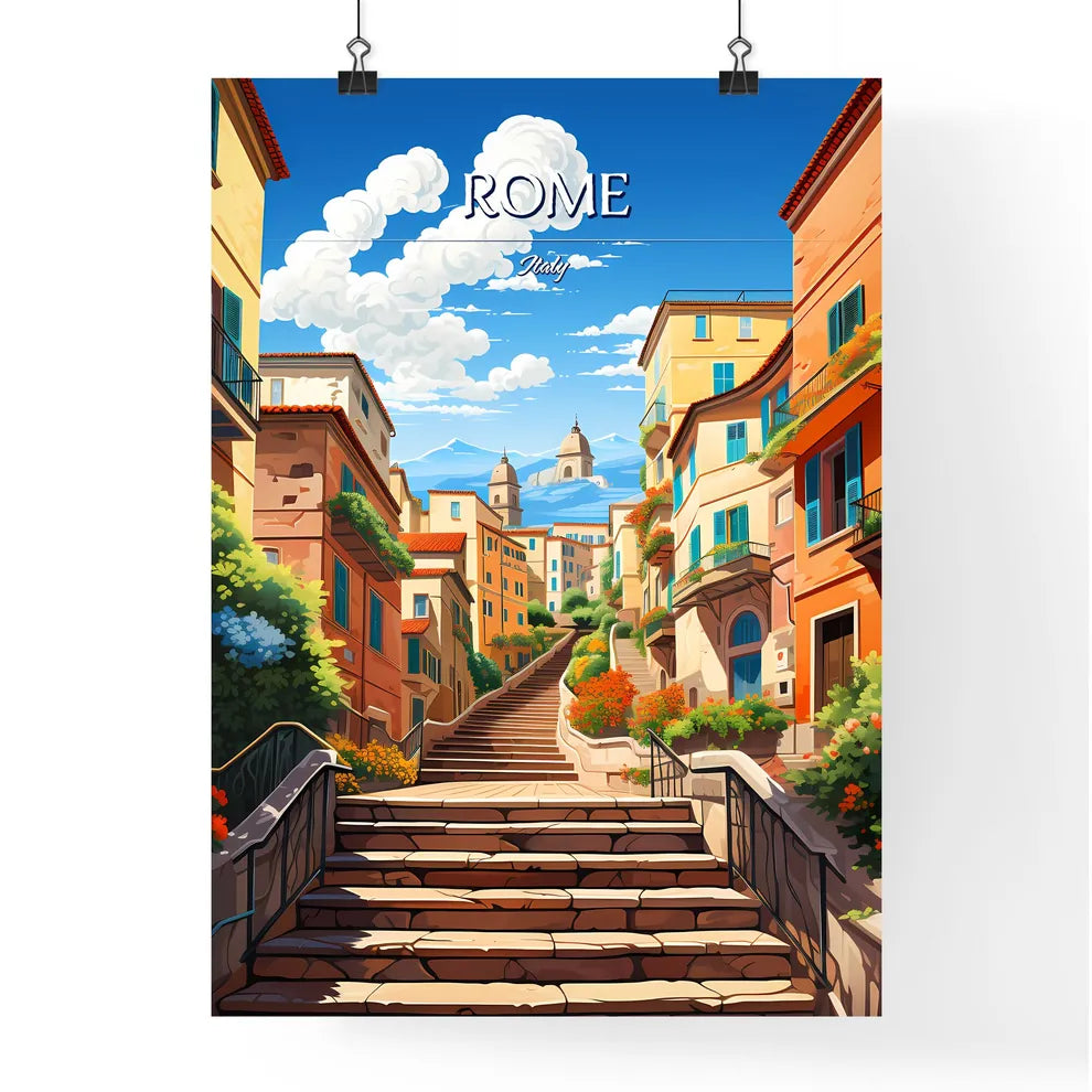 Rome, Italy - Art print of a stone stairs leading up to a city Poster