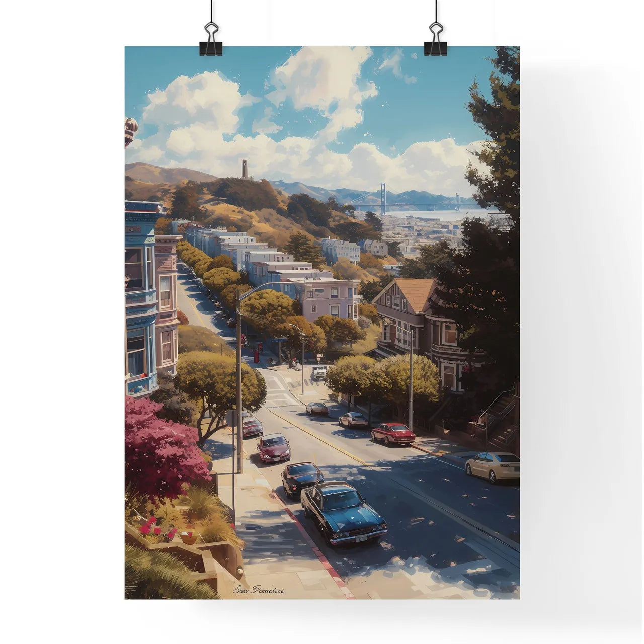 Poster of San Francisco - Art print of a street with cars and buildings in the background Poster