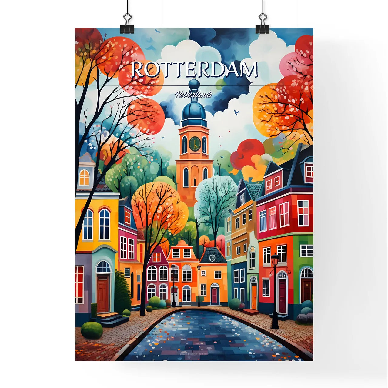 Rotterdam, Netherlands - Art print of a painting of a colorful city Poster