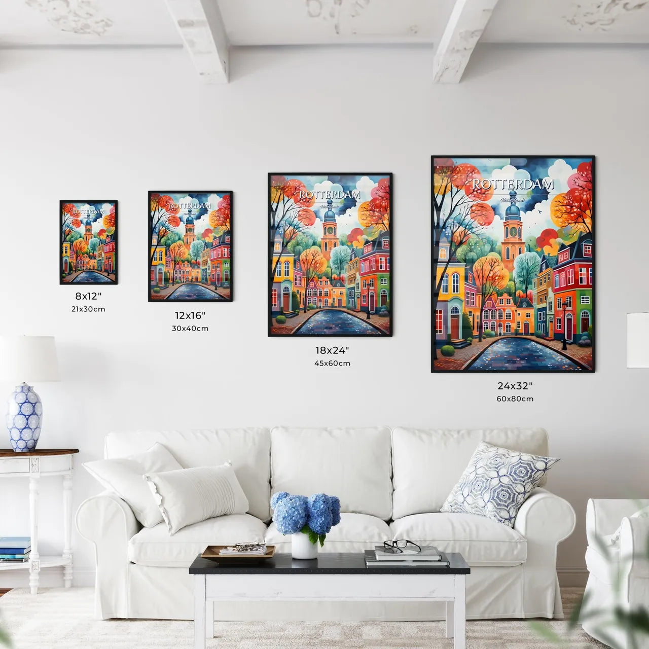 Rotterdam, Netherlands - Art print of a painting of a colorful city Size Chart