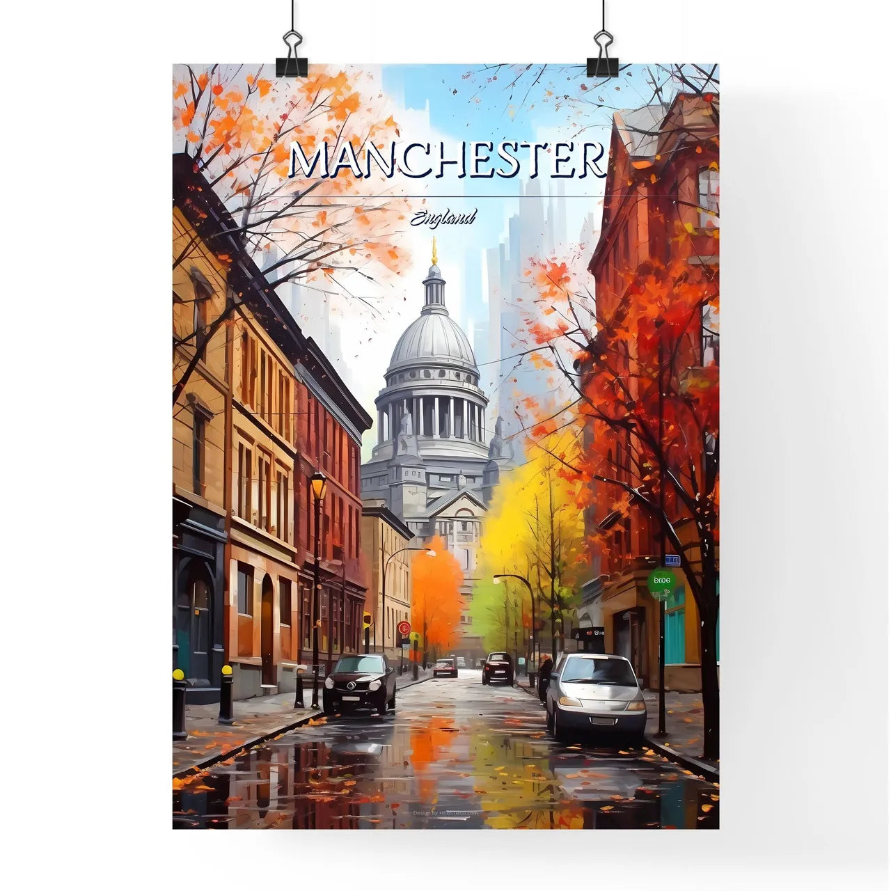 Manchester, England - Art print of a street with cars and trees in front of a building Poster