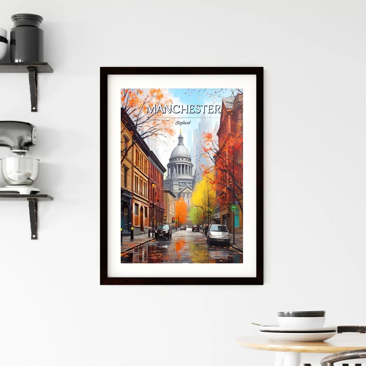 Manchester, England - Art print of a street with cars and trees in front of a building Custom Print