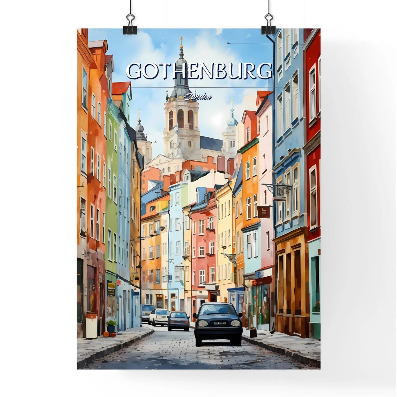 Gothenburg, Sweden, - Art print of a street with cars and buildings Poster