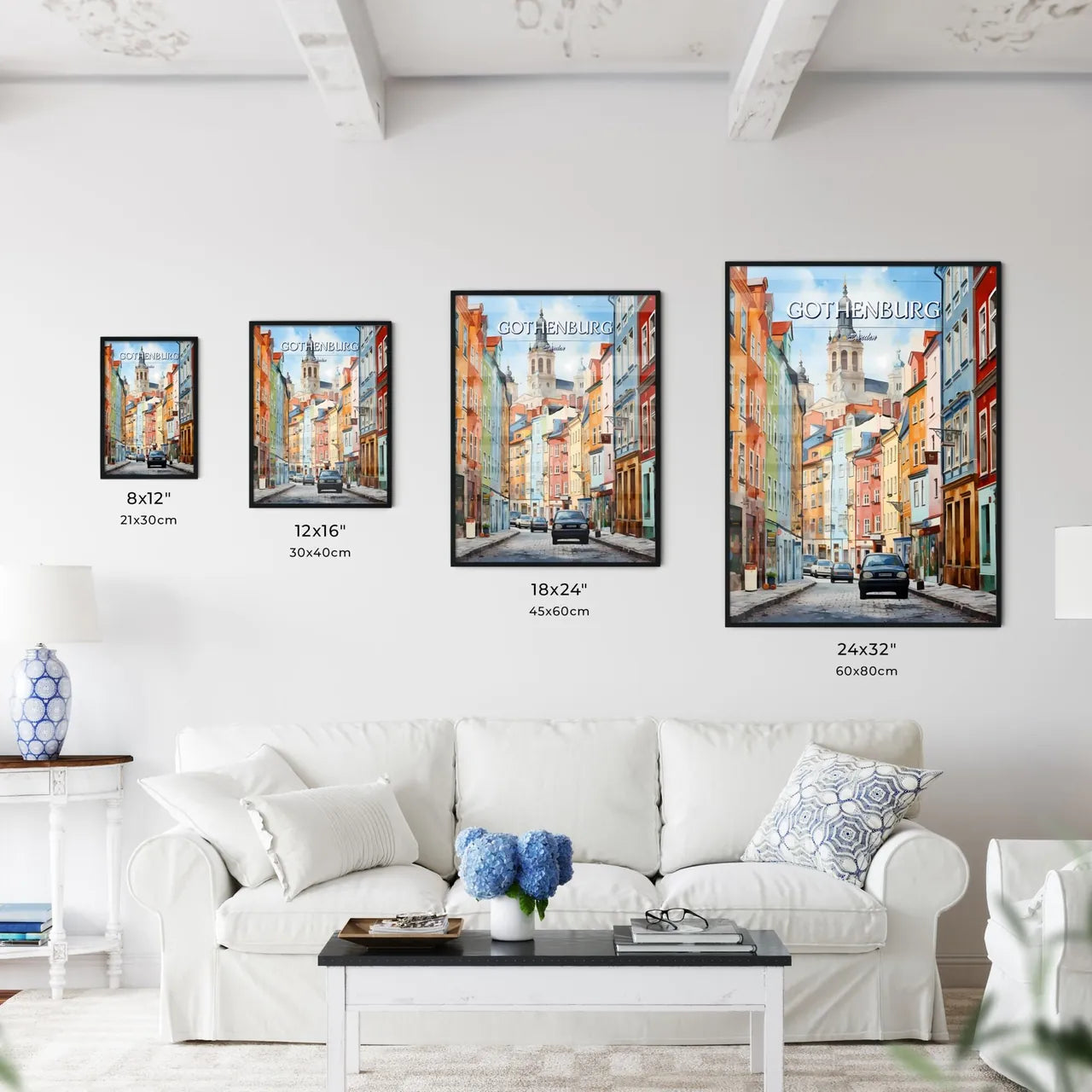 Gothenburg, Sweden, - Art print of a street with cars and buildings Size Chart