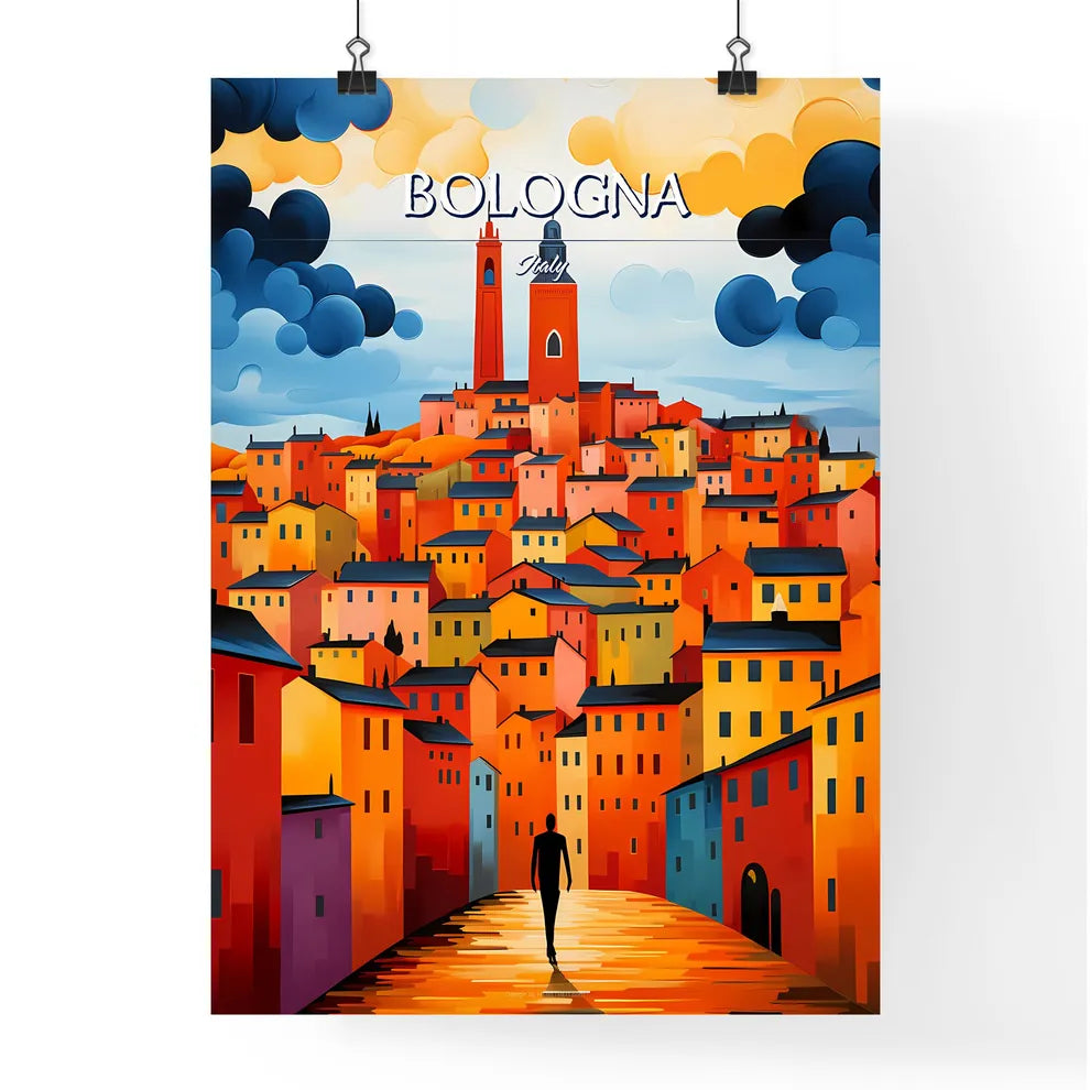 Bologna, Italy - Art print of a man walking on a road in a city Poster