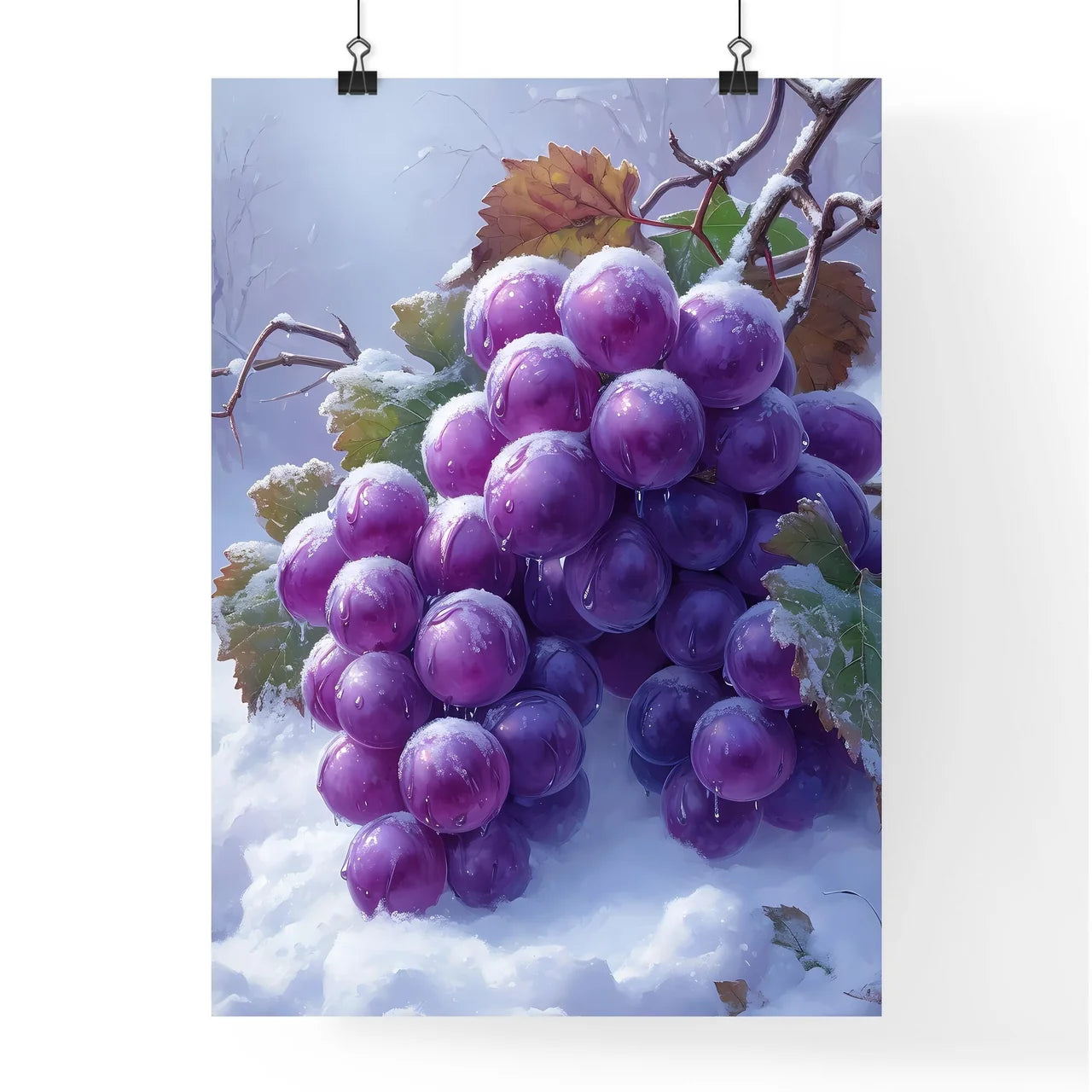 A bunch of purple grapes covered in snow  Poster