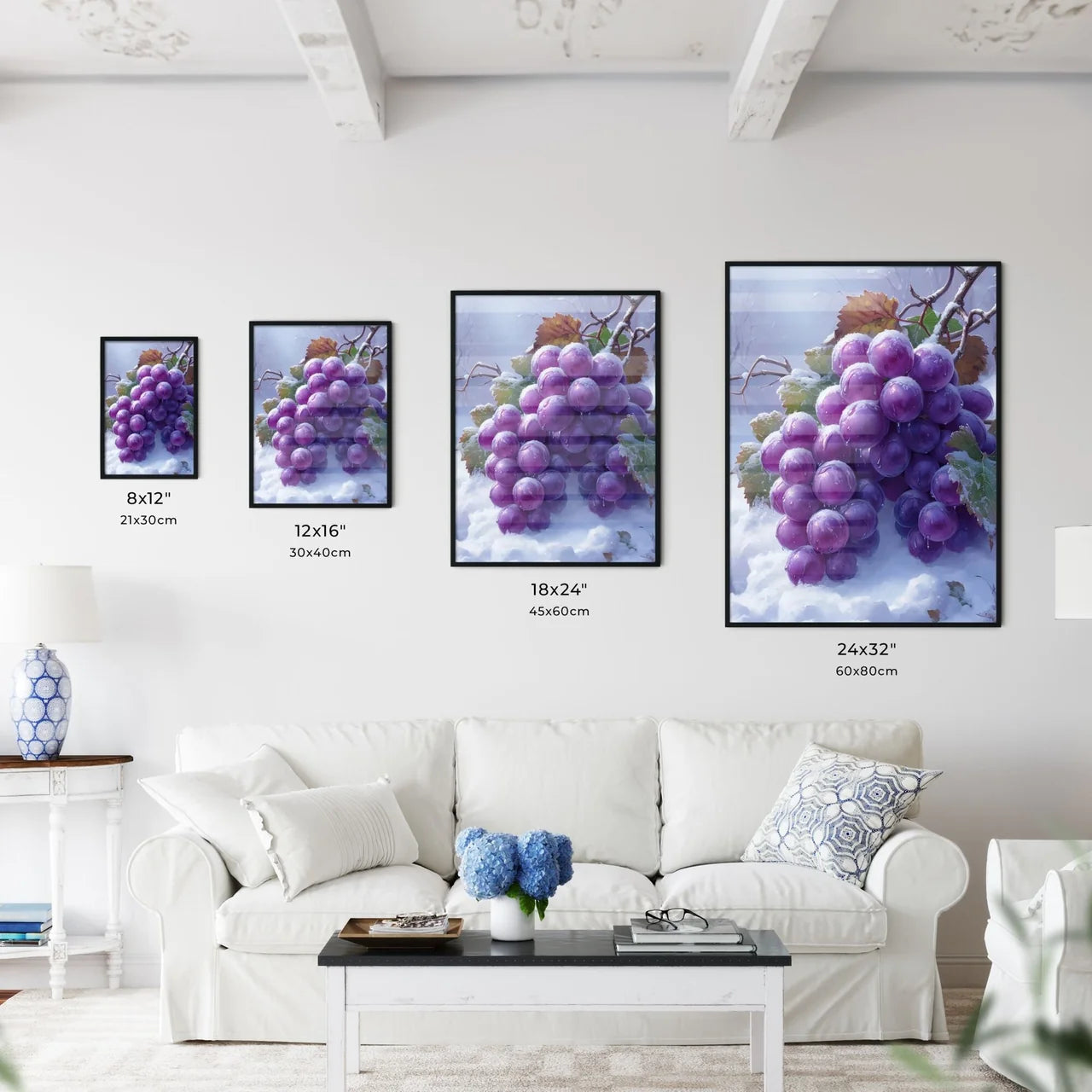 A bunch of purple grapes covered in snow  Size Chart