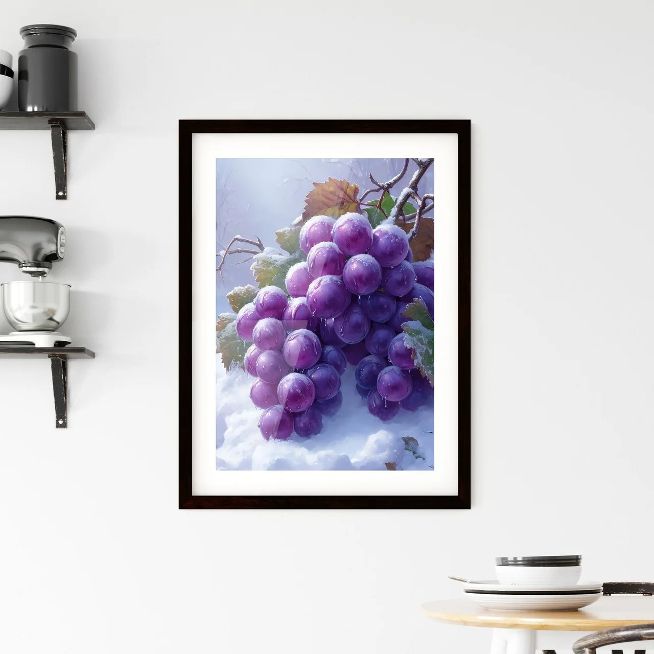 A bunch of purple grapes covered in snow  Framed Print