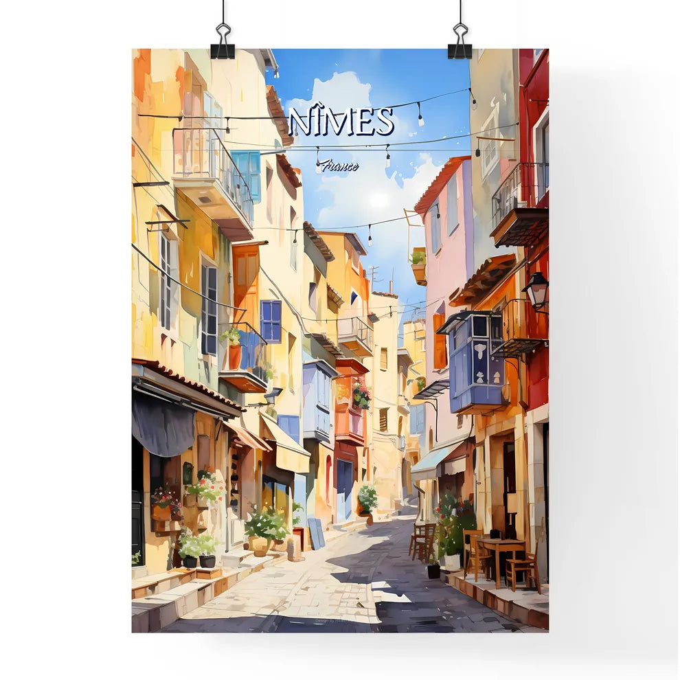Nîmes, France - Art print of a street with buildings and chairs Poster