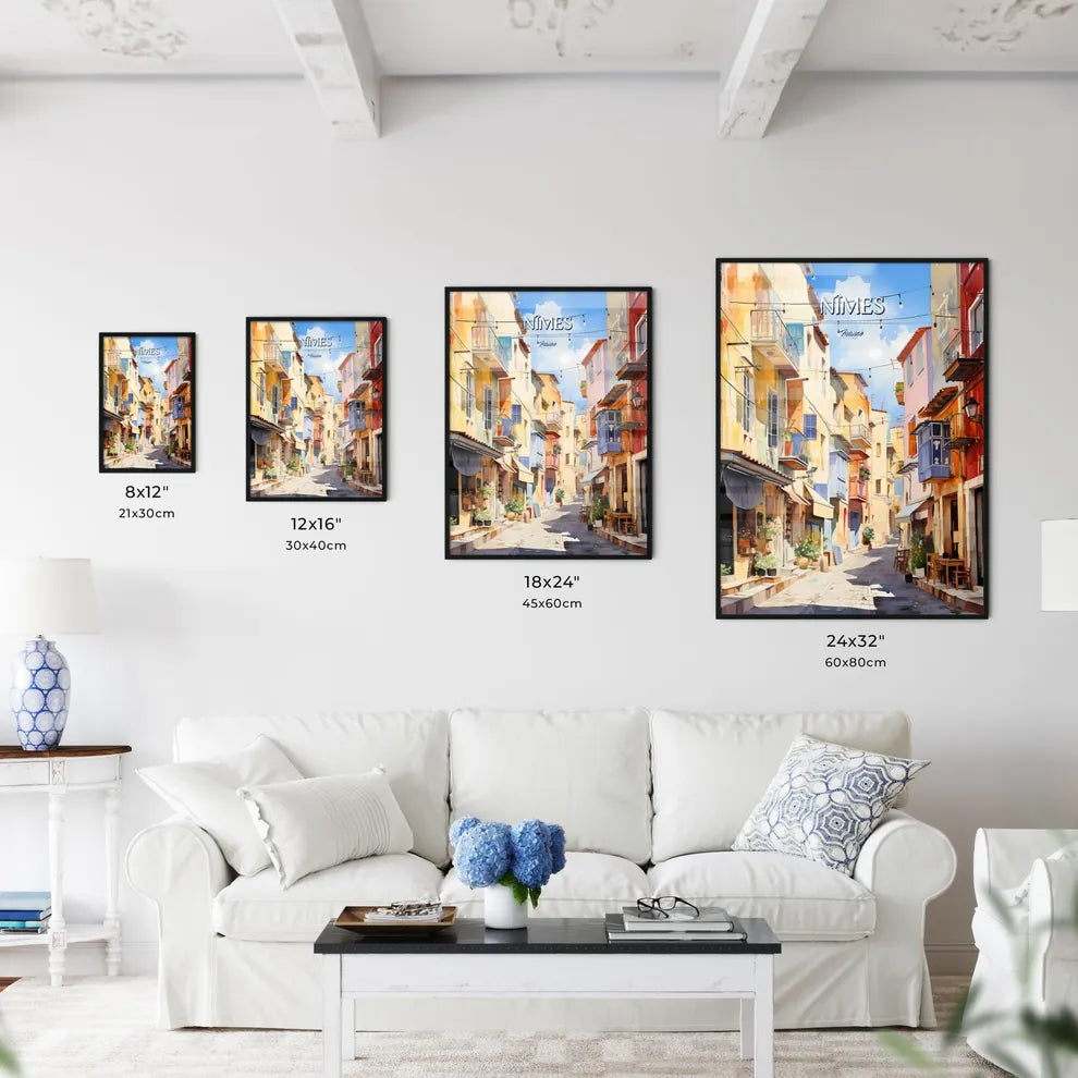 Nîmes, France - Art print of a street with buildings and chairs Size Chart