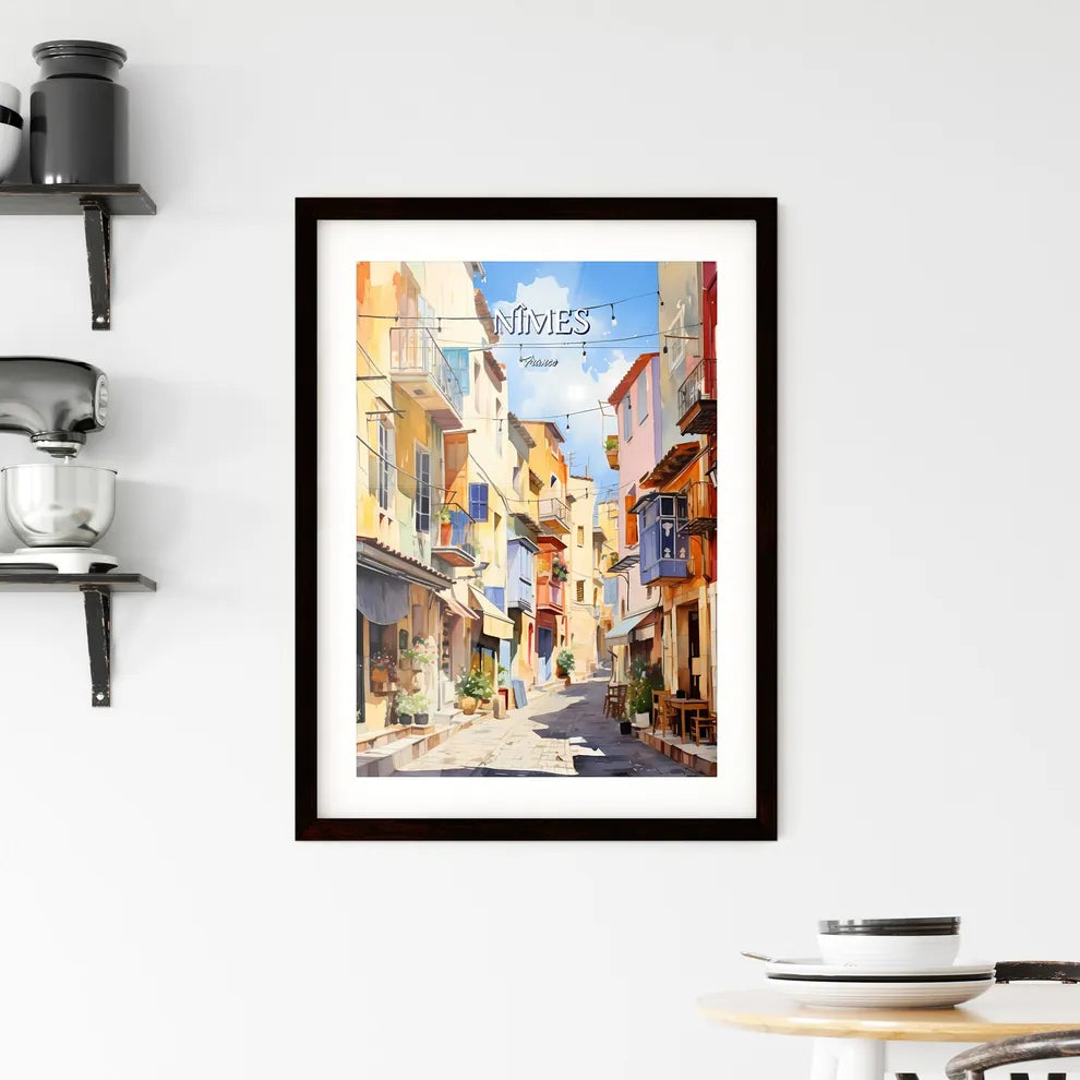 Nîmes, France - Art print of a street with buildings and chairs Custom Print