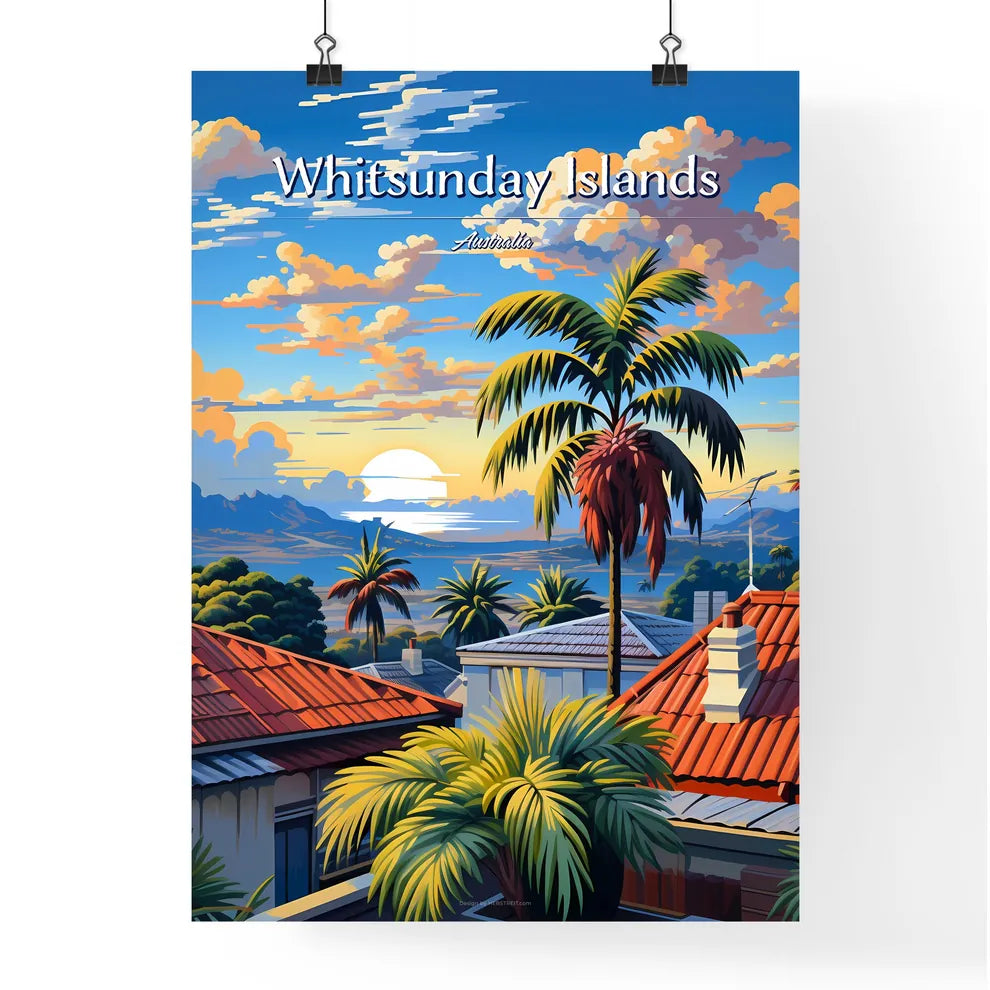 On the roofs of Whitsunday Islands, Australia - Art print of a palm trees and rooftops in a village Poster