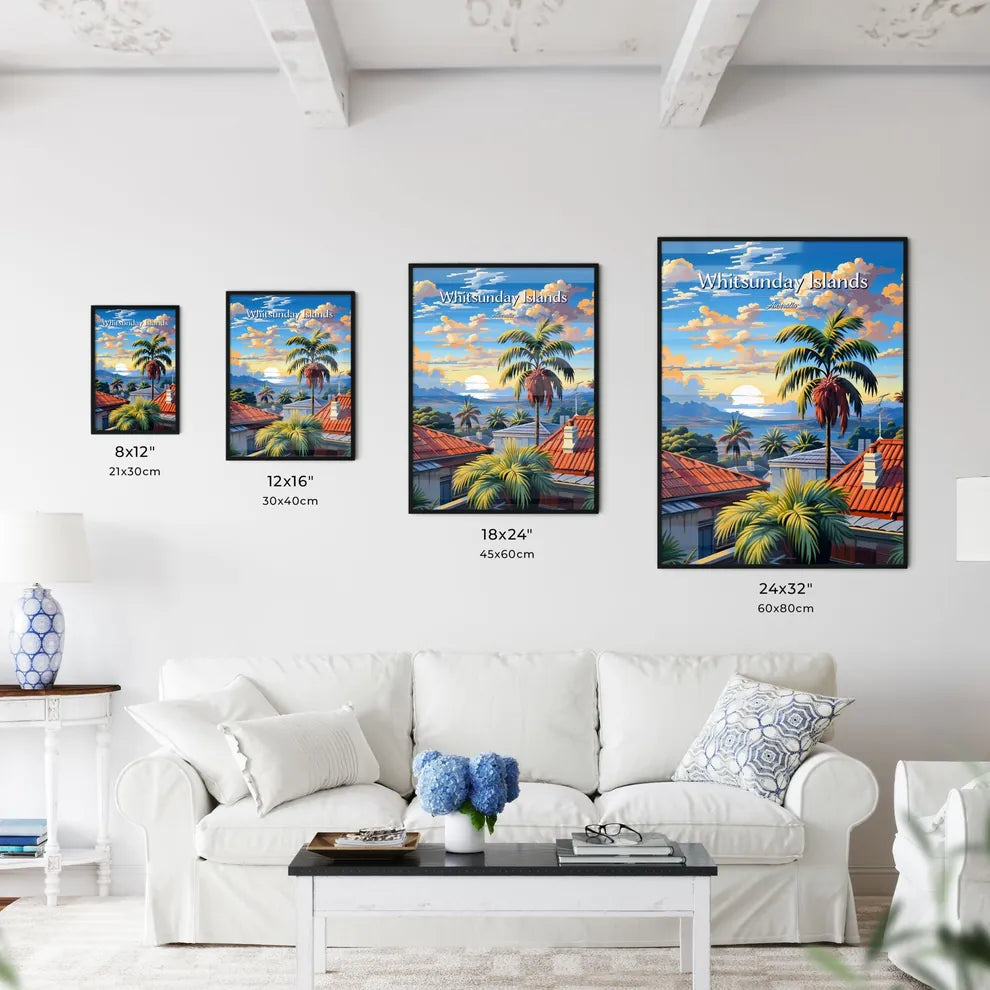 On the roofs of Whitsunday Islands, Australia - Art print of a palm trees and rooftops in a village Size Chart