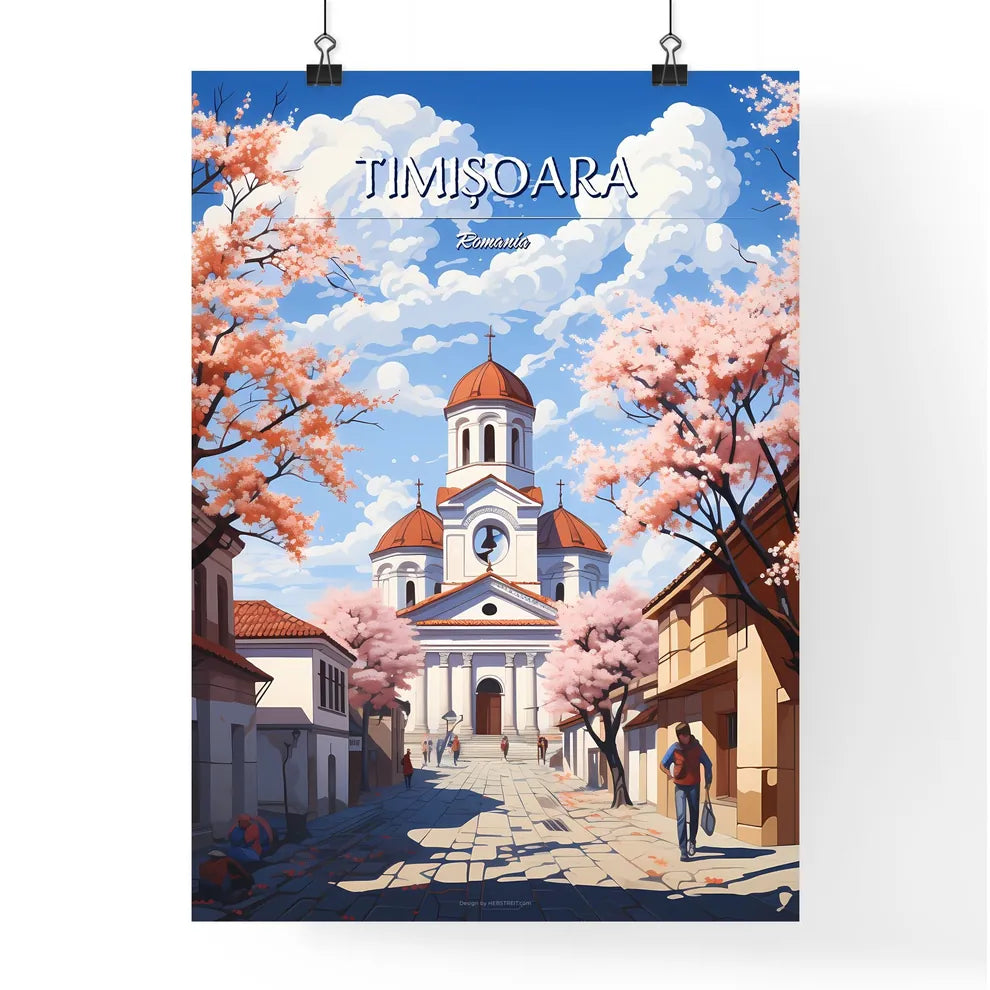 Timișoara, Romania - Art print of a church with a dome roof and people walking in the street Poster