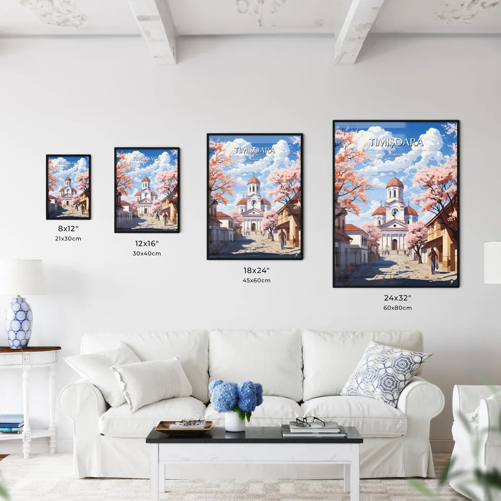 Timișoara, Romania - Art print of a church with a dome roof and people walking in the street Size Chart