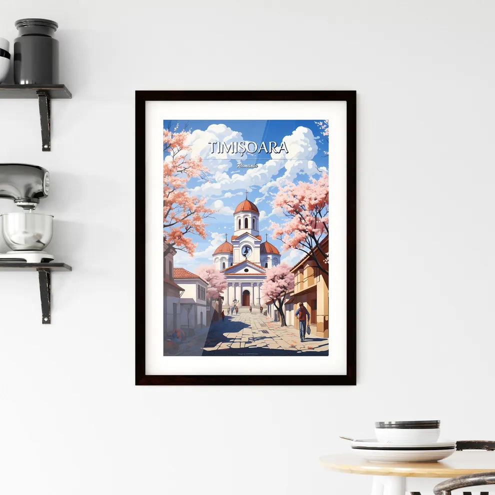 Timișoara, Romania - Art print of a church with a dome roof and people walking in the street Custom Print